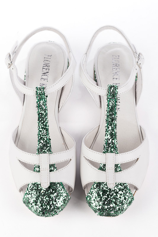 Mint green and pure white women's open back T-strap shoes. Round toe. Flat block heels. Top view - Florence KOOIJMAN
